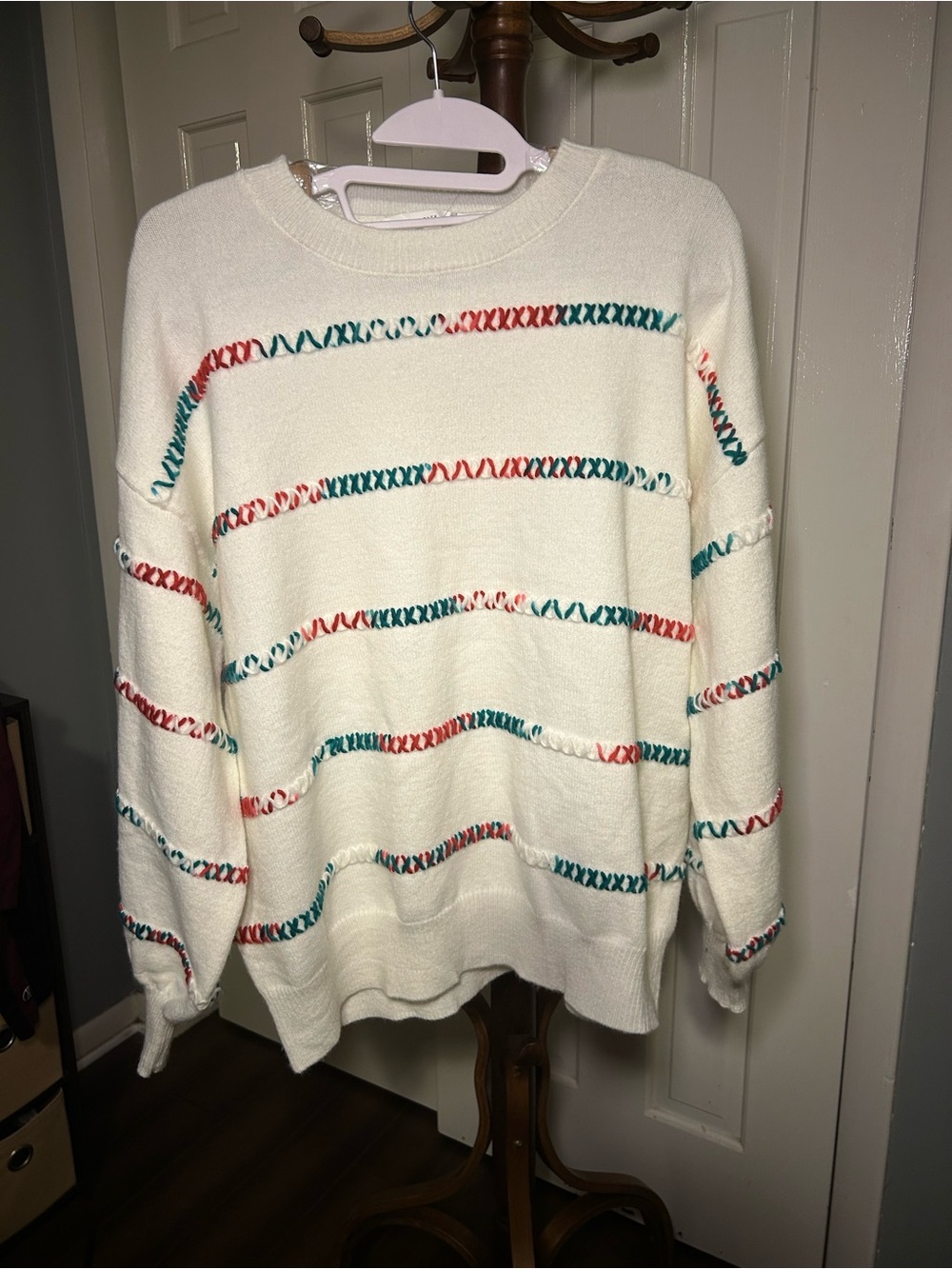 Altar'd State Cream Knit Crewneck Sweater with Teal and Red Stripes